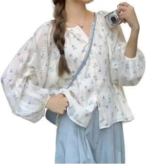Coquette Floral Long Sleeve Shirts for Women Cottagecore Button Down Blouse Summer Going Out Fairycore Cute Y2K Top