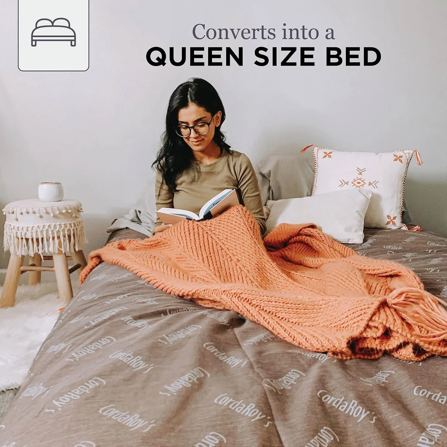 CordaRoy's Corduroy Bean Bag Chair, Convertible Chair Folds from Bean Bag to Lounger, As Seen on Shark Tank, Very Peri Purple - Queen Size