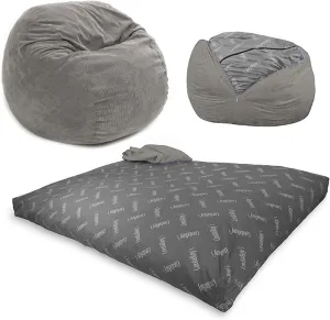 CordaRoy's Corduroy Bean Bag-Convertible Bean Bag Chair&Bed-Machine-Washable Corduroy Fabric Cover-for Basement,Living Room,Game Room,Dorm&More - Queen Size - Grey | Made in The USA