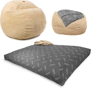 CordaRoy's Corduroy Bean Bag-Convertible Bean Bag Chair&Bed-Machine-Washable Corduroy Fabric Cover-for Basement,Living Room,Game Room,Dorm&More - Queen Size - Khaki | Made in The USA