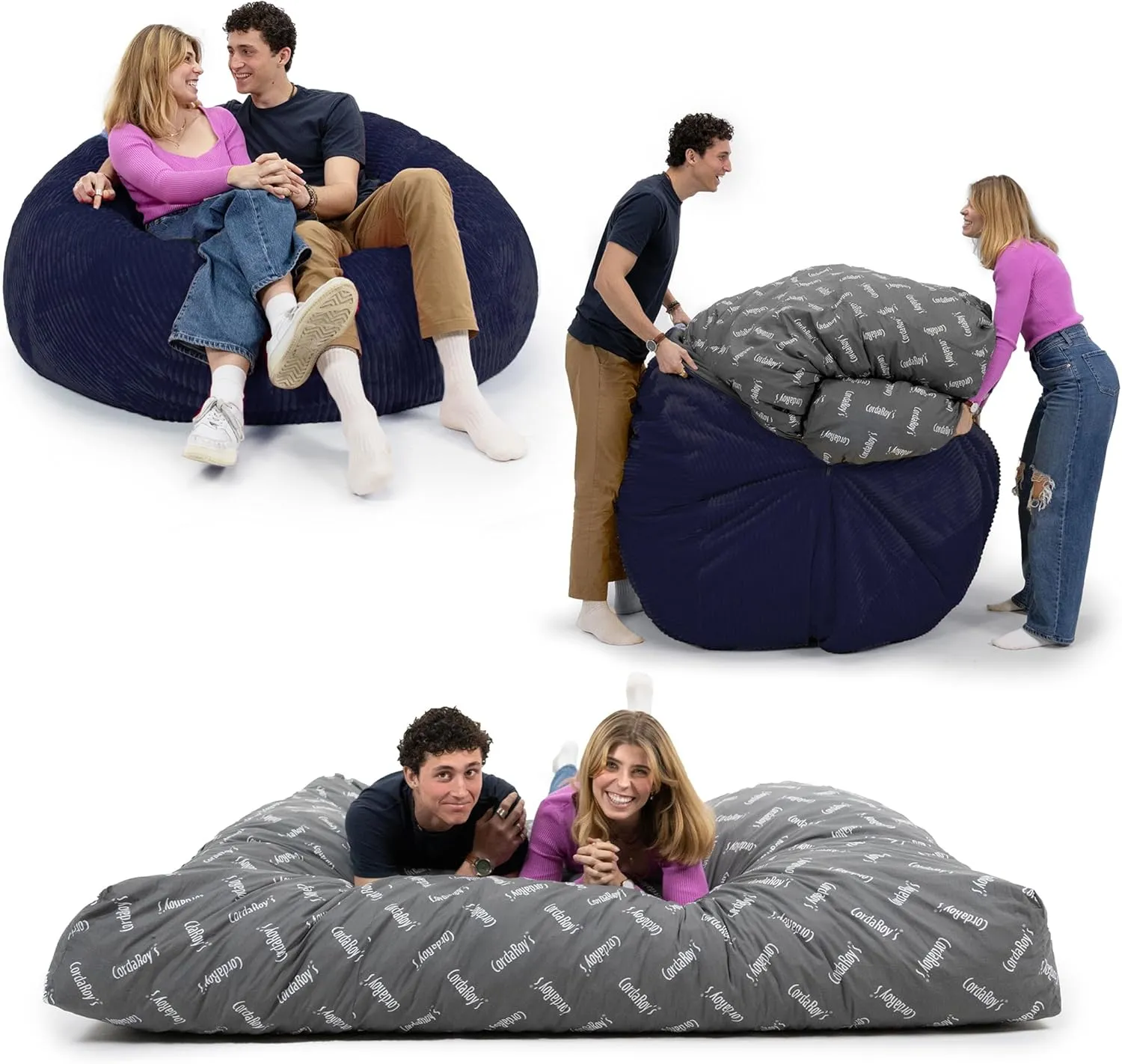 CordaRoy's Plush Bean Bag - Convertible Bean Bag Chair & Bed - Machine-Washable Plush Fabric Cover - for Basement, Living Room, Game Room, Dorm & More - Full Size - Indiigo | Made in The USA