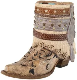 Corral Boots Womens Floral Rhinestone Embroidered Snip Toe Casual Boots Mid Calf Mid Heel 2-3" - Brown