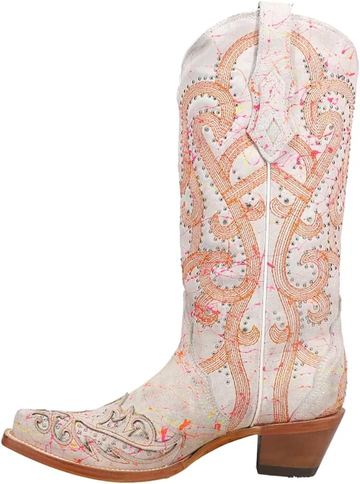 Corral Boots Womens Fluorescent Embroidered Tooled Inlay Studded Snip Toe Casual Boots Mid Calf Mid Heel 2-3" - White