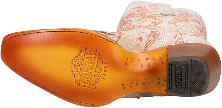 Corral Boots Womens Fluorescent Embroidered Tooled Inlay Studded Snip Toe Casual Boots Mid Calf Mid Heel 2-3" - White