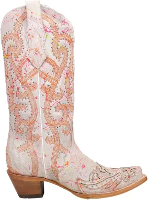 Corral Boots Womens Fluorescent Embroidered Tooled Inlay Studded Snip Toe Casual Boots Mid Calf Mid Heel 2-3" - White