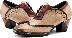 CrazycatZ Leather Pumps,Womens Colorful Vintage Block Heel Oxford Vintage Shoes Pumps