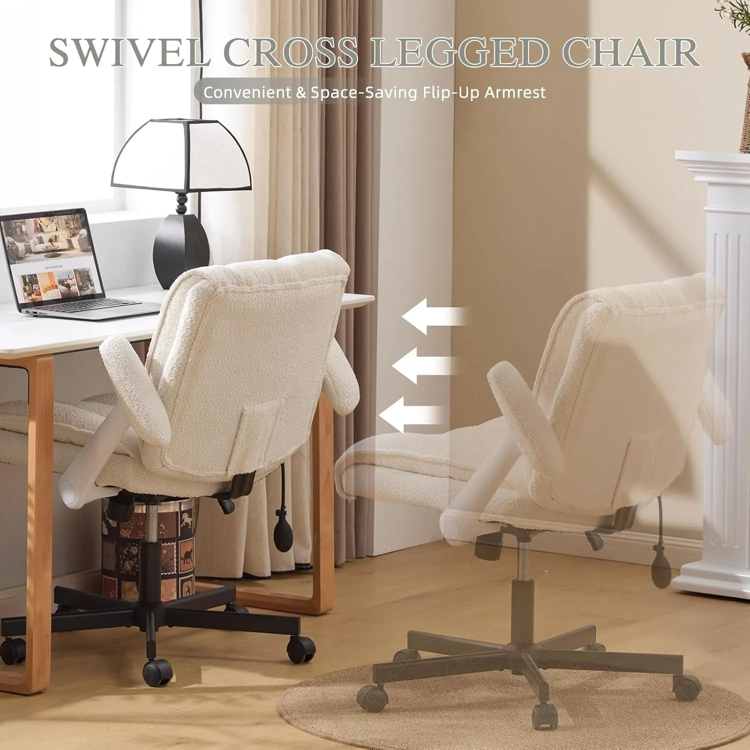 Criss Cross Legged Office Chair with Flip-Up Arms and Wheels, Wide Seat Desk Chair with Built-In Dynamic Airbag Lumbar Support, Modern Cross-Leg Chair for Home Office, Apartment, Vanity, Beige