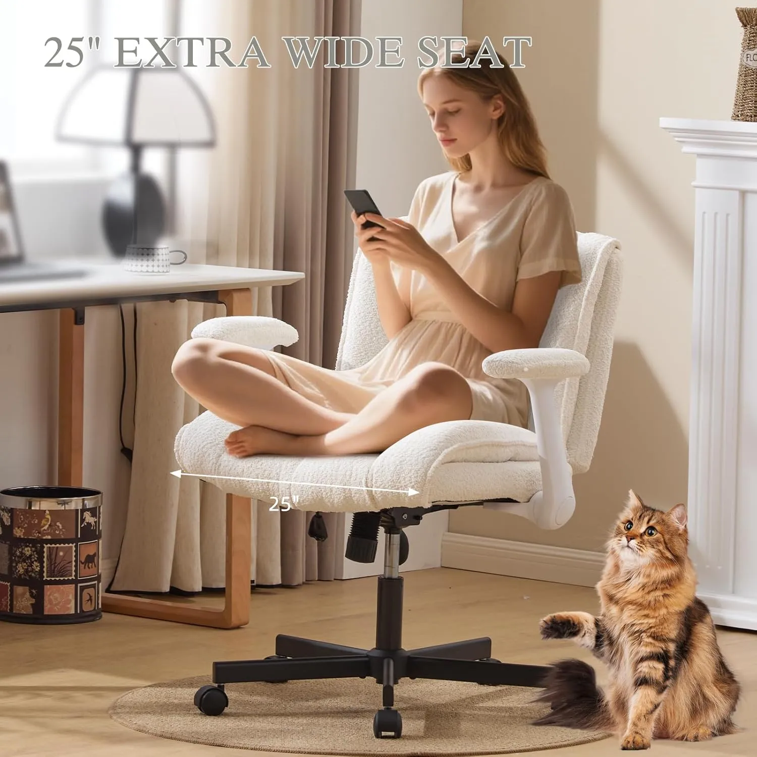 Criss Cross Legged Office Chair with Flip-Up Arms and Wheels, Wide Seat Desk Chair with Built-In Dynamic Airbag Lumbar Support, Modern Cross-Leg Chair for Home Office, Apartment, Vanity, Beige