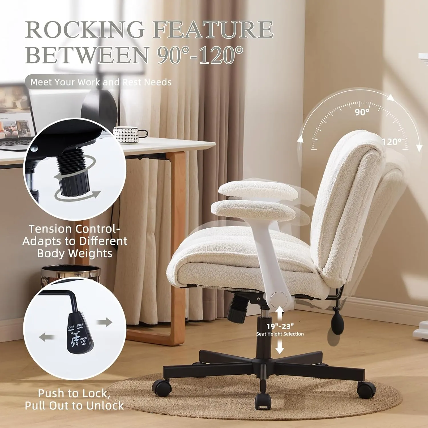 Criss Cross Legged Office Chair with Flip-Up Arms and Wheels, Wide Seat Desk Chair with Built-In Dynamic Airbag Lumbar Support, Modern Cross-Leg Chair for Home Office, Apartment, Vanity, Beige
