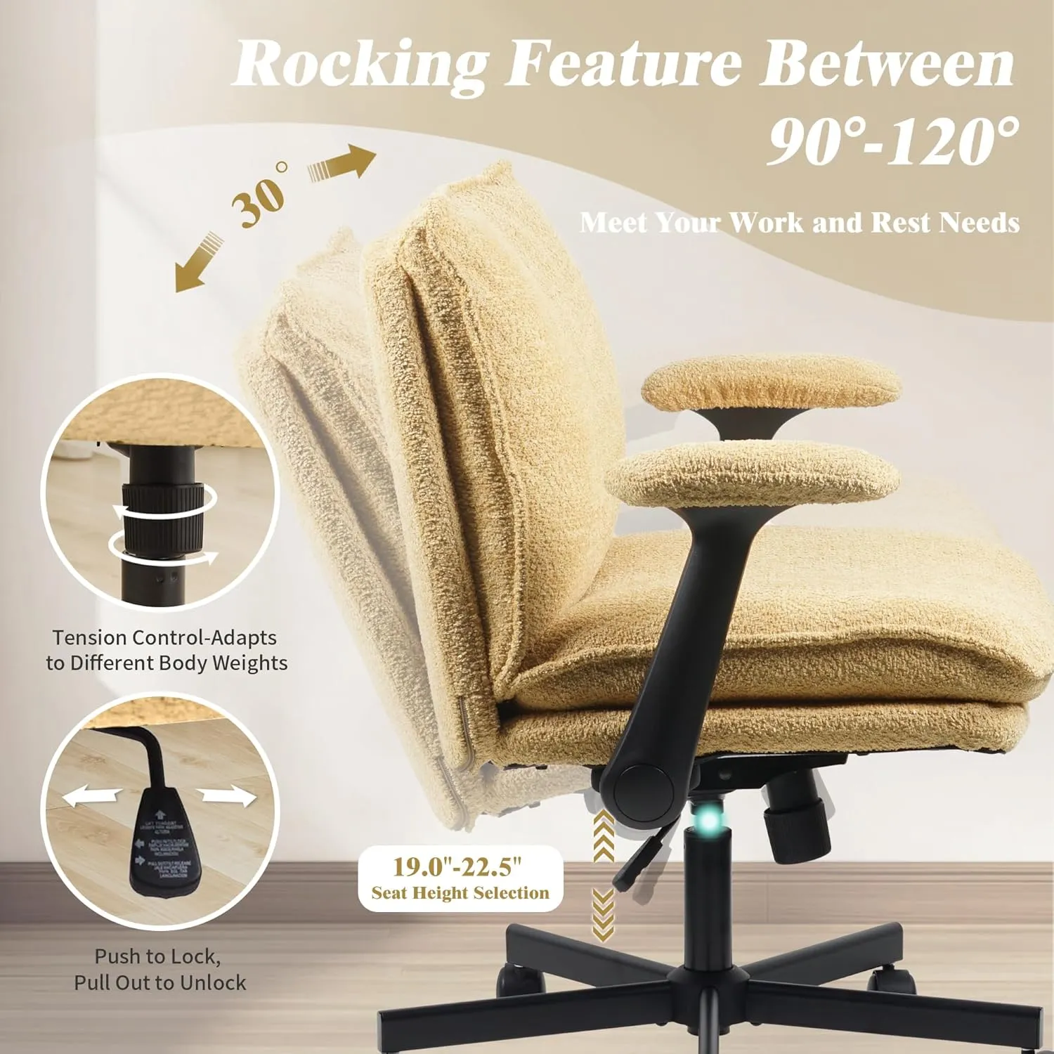 Criss Cross Legged Office Chair with Wheels and Flip-Up Arms, Upholstered Criss Cross Desk Chair, Wide Seat Chairs for Home Office, Vanity, Apartment, Yellow