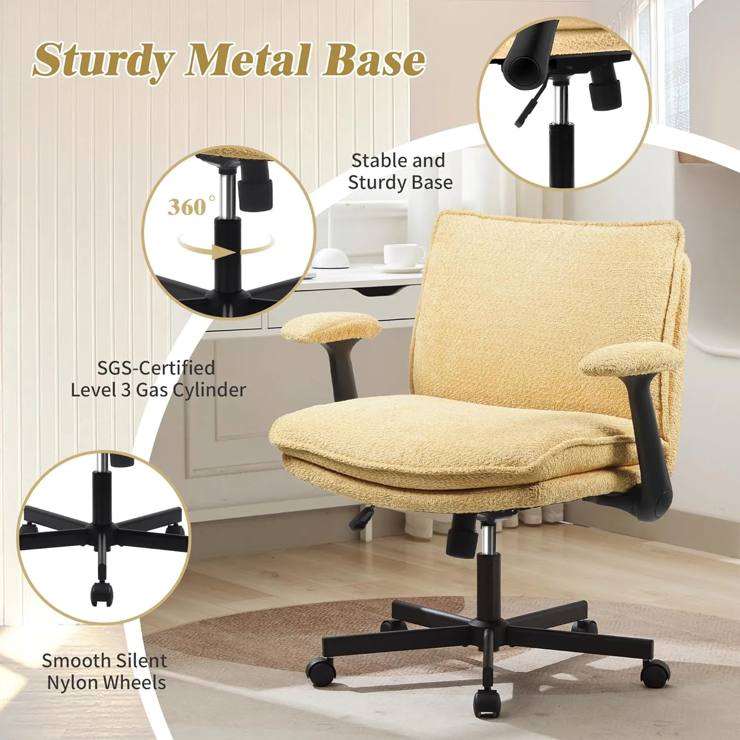 Criss Cross Legged Office Chair with Wheels and Flip-Up Arms, Upholstered Criss Cross Desk Chair, Wide Seat Chairs for Home Office, Vanity, Apartment, Yellow