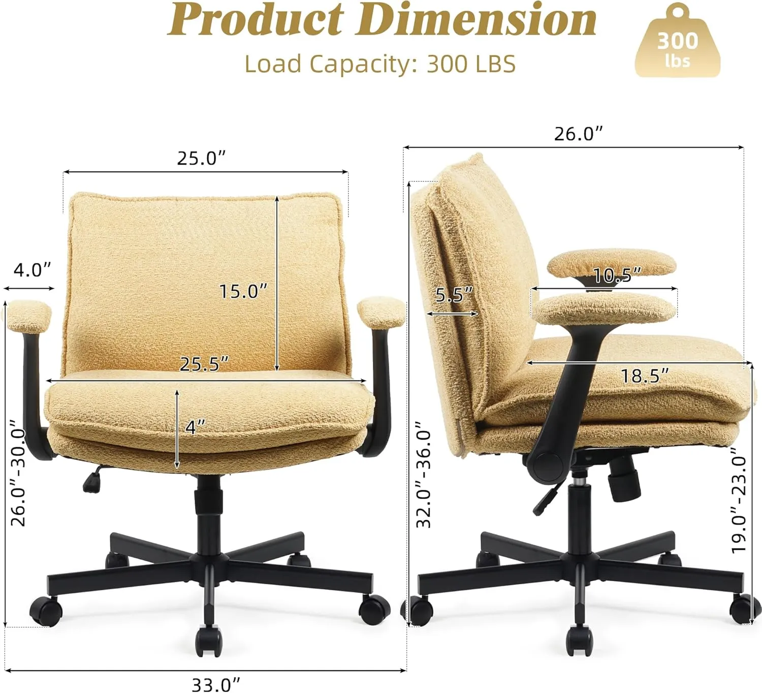Criss Cross Legged Office Chair with Wheels and Flip-Up Arms, Upholstered Criss Cross Desk Chair, Wide Seat Chairs for Home Office, Vanity, Apartment, Yellow