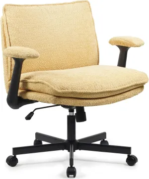 Criss Cross Legged Office Chair with Wheels and Flip-Up Arms, Upholstered Criss Cross Desk Chair, Wide Seat Chairs for Home Office, Vanity, Apartment, Yellow