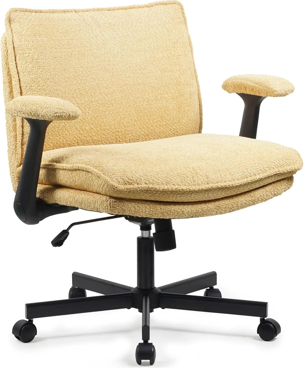 Criss Cross Legged Office Chair with Wheels and Flip-Up Arms, Upholstered Criss Cross Desk Chair, Wide Seat Chairs for Home Office, Vanity, Apartment, Yellow