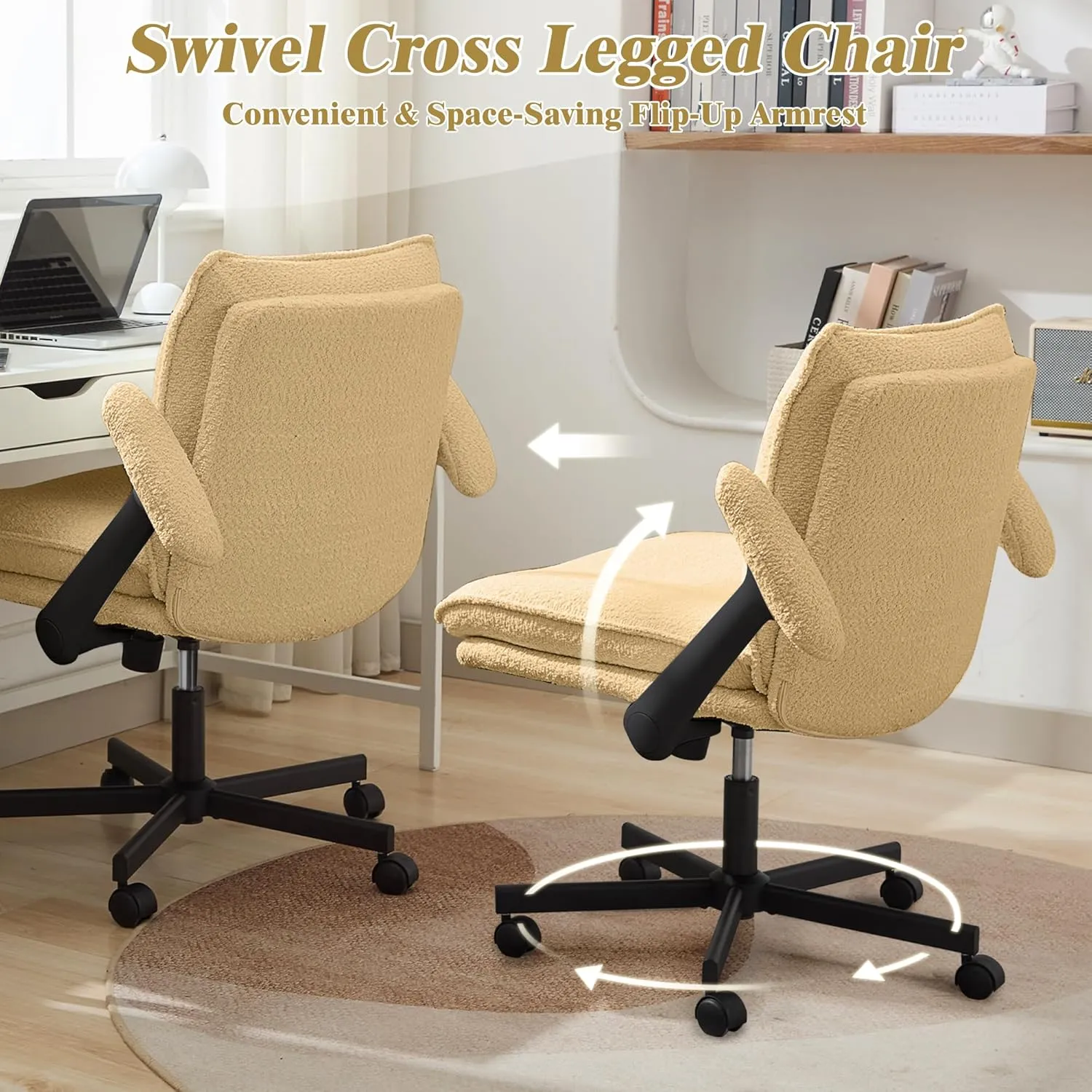 Criss Cross Legged Office Chair with Wheels and Flip-Up Arms, Upholstered Criss Cross Desk Chair, Wide Seat Chairs for Home Office, Vanity, Apartment, Yellow