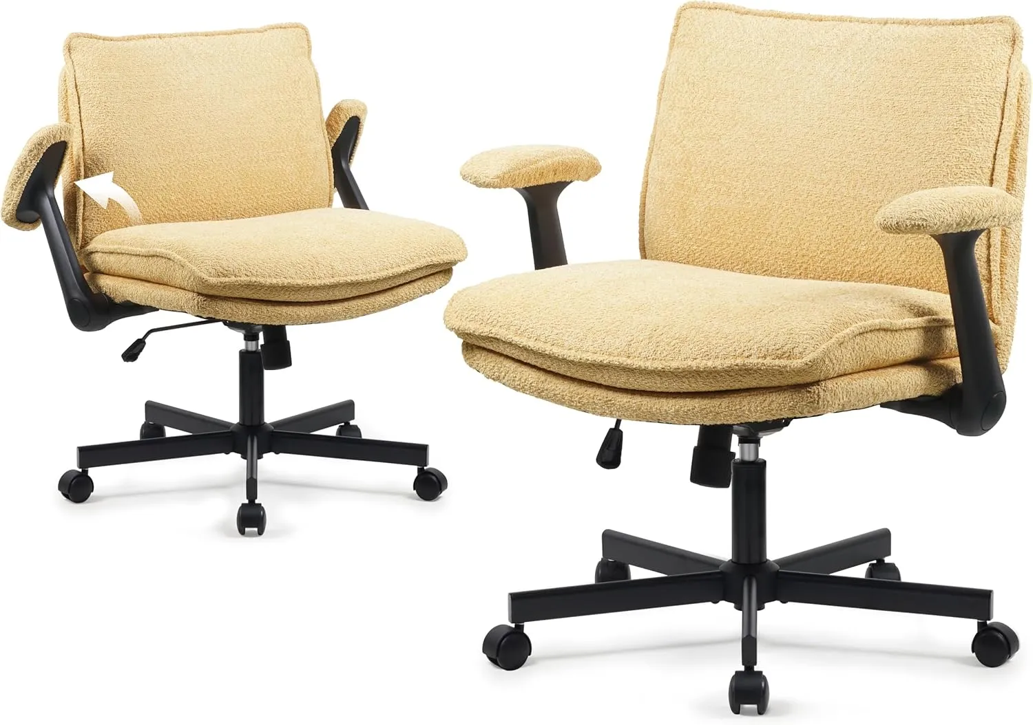 Criss Cross Legged Office Chair with Wheels and Flip-Up Arms, Upholstered Criss Cross Desk Chair, Wide Seat Chairs for Home Office, Vanity, Apartment, Yellow