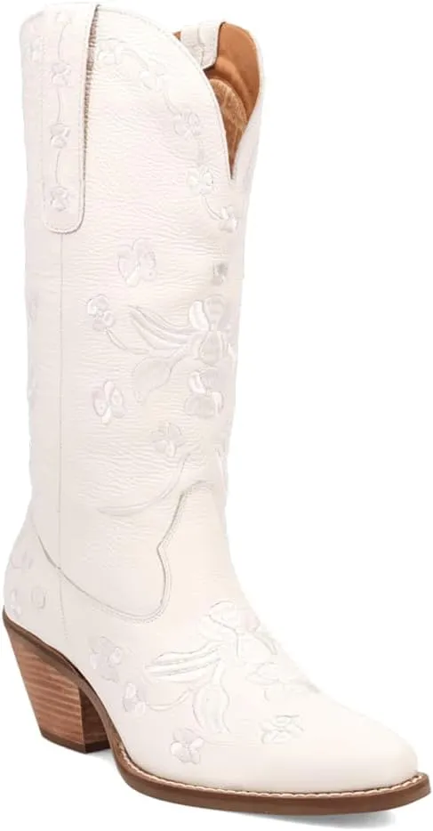 Dingo Womens Love Bug Floral Embroidered Snip Toe Casual Boots Mid Calf Mid Heel 2-3" - White