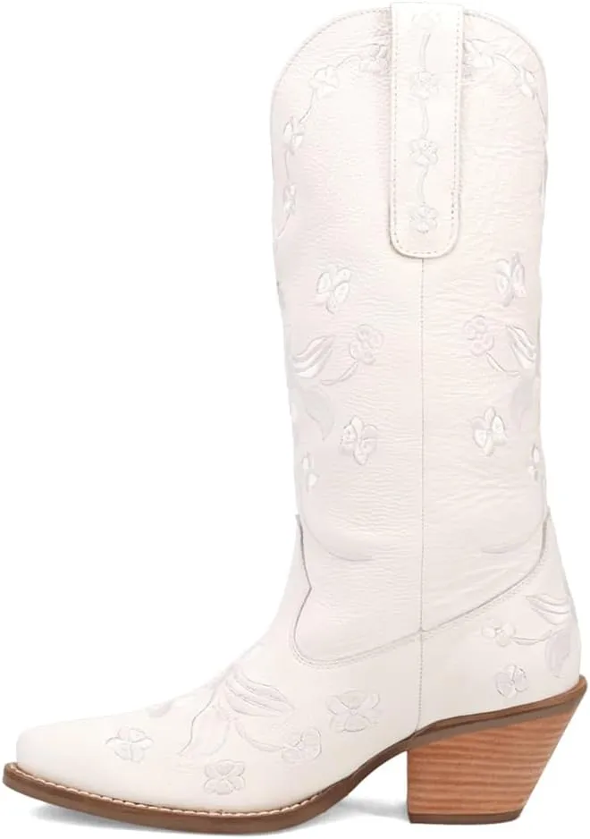 Dingo Womens Love Bug Floral Embroidered Snip Toe Casual Boots Mid Calf Mid Heel 2-3" - White