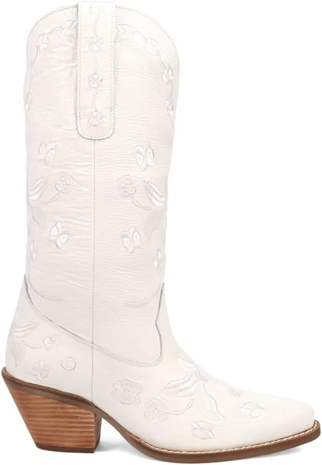 Dingo Womens Love Bug Floral Embroidered Snip Toe Casual Boots Mid Calf Mid Heel 2-3" - White