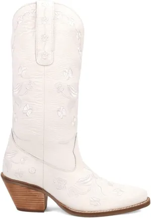 Dingo Womens Love Bug Floral Embroidered Snip Toe Casual Boots Mid Calf Mid Heel 2-3" - White