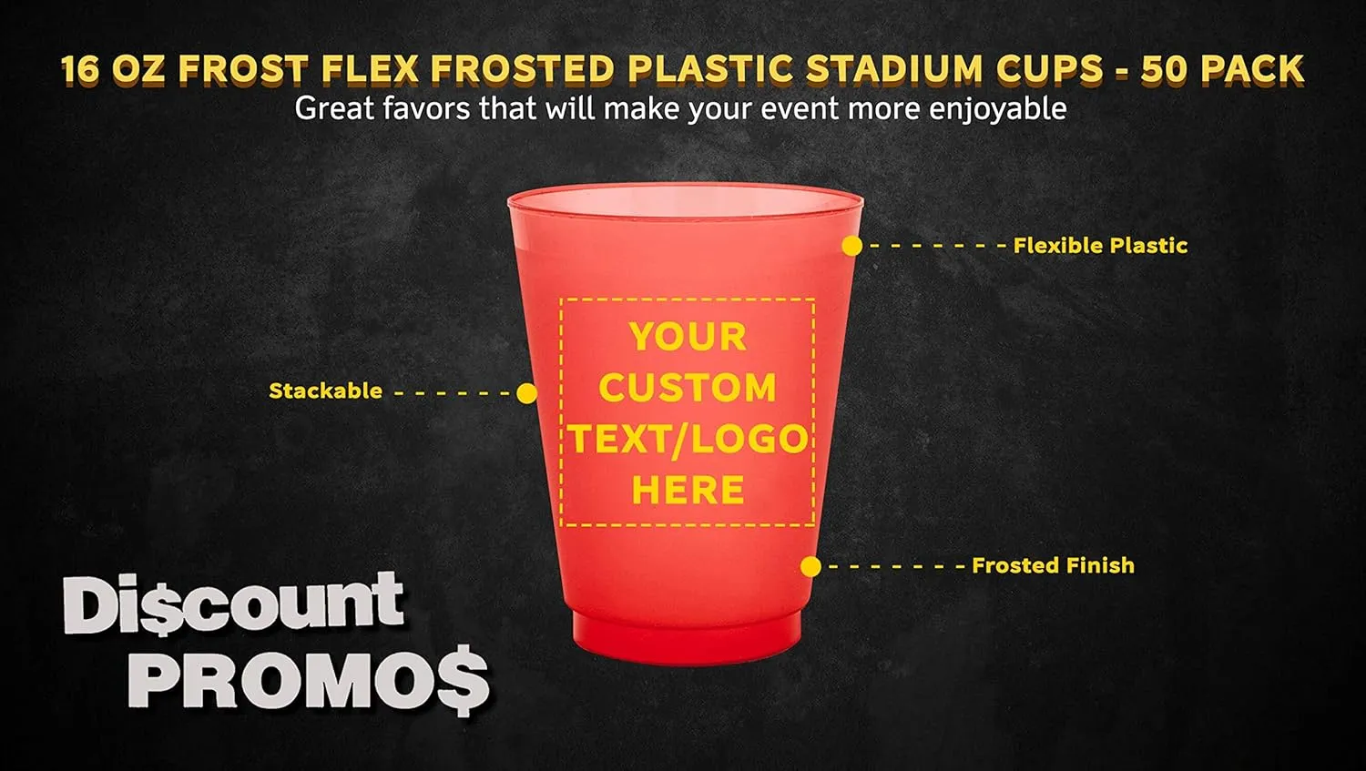 DISCOUNT PROMOS Custom 16 oz. Frosted Plastic Stadium Cups – 50 Pack – Personalized Shatterproof, Reusable Party Cups with Logo – Bulk Gift for Dad – Red