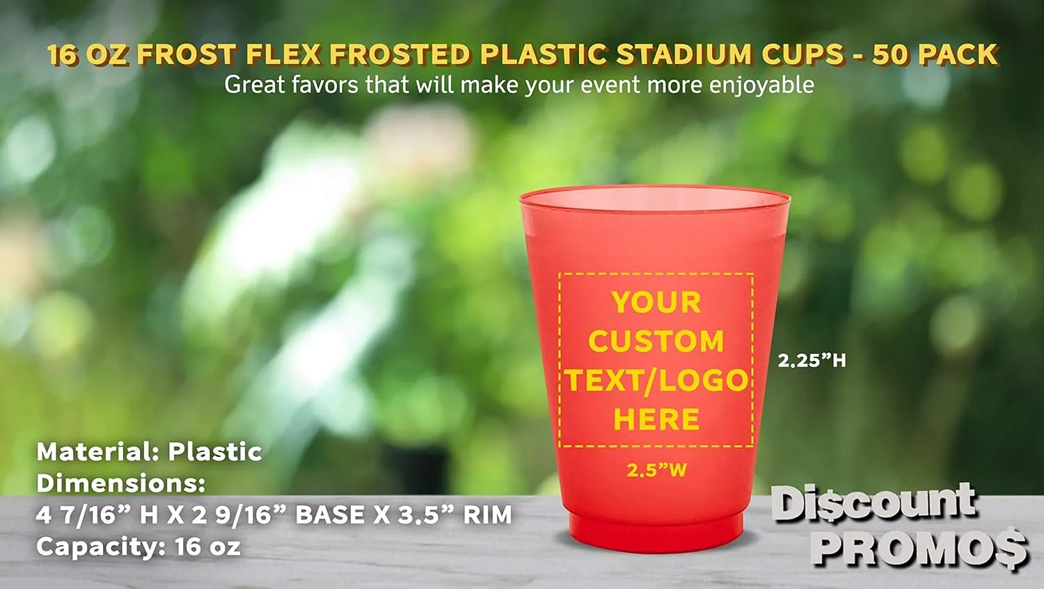 DISCOUNT PROMOS Custom 16 oz. Frosted Plastic Stadium Cups – 50 Pack – Personalized Shatterproof, Reusable Party Cups with Logo – Bulk Gift for Dad – Red