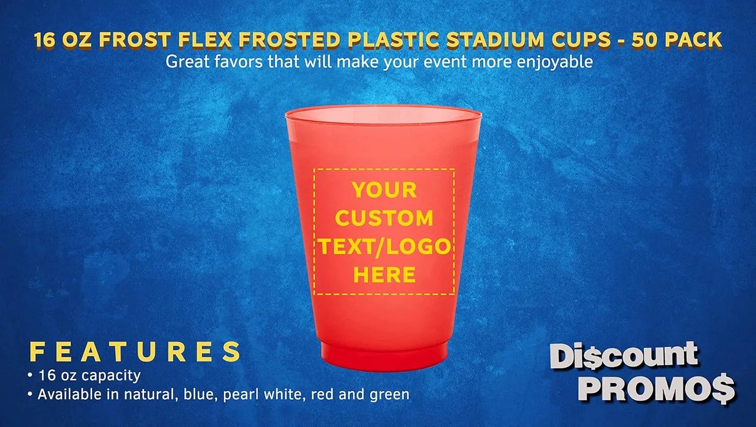 DISCOUNT PROMOS Custom 16 oz. Frosted Plastic Stadium Cups – 50 Pack – Personalized Shatterproof, Reusable Party Cups with Logo – Bulk Gift for Dad – Red