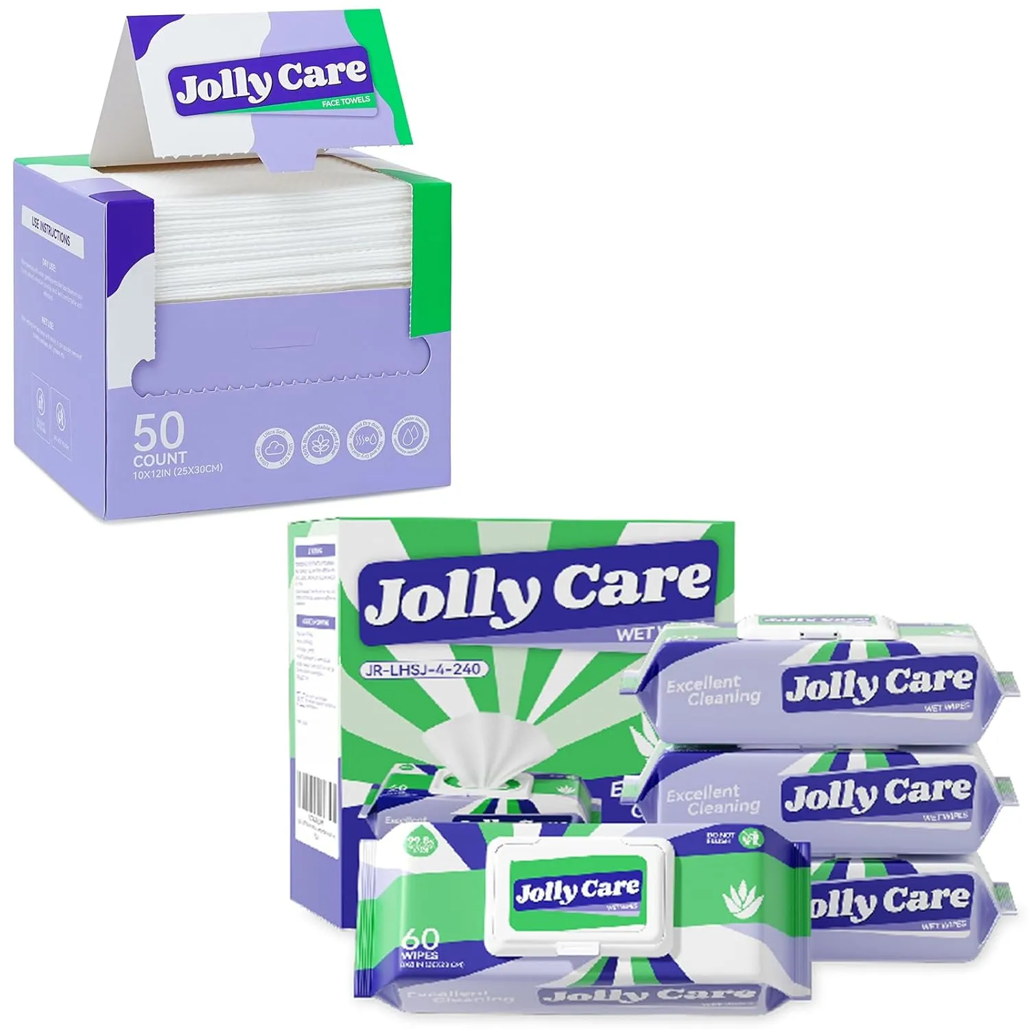 Disposable Face Towels 10" x 12" 50 Count and Jolly Care Wet Aloe Wipes 240 Count
