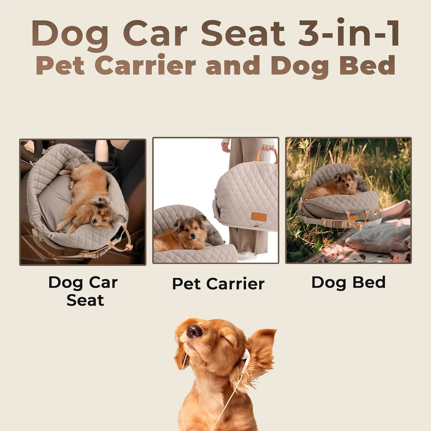 Dog Travel Bag 3-in-1 Pet Carrier and Puppy Car Seat with Small Cat Pillow, Storage Pocket, Clip-On Safety Leash, Waterproof Small Dog Carrier, Grey