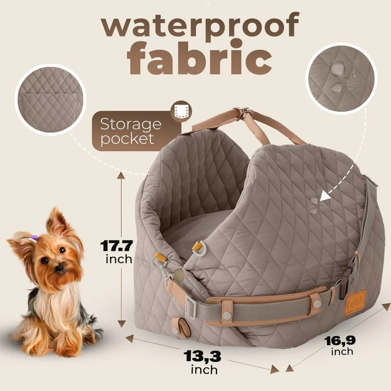 Dog Travel Bag 3-in-1 Pet Carrier and Puppy Car Seat with Small Cat Pillow, Storage Pocket, Clip-On Safety Leash, Waterproof Small Dog Carrier, Grey
