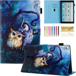 Dteck Case for All-New Fire HD 10 (9th/7th/5th Generation, 2019/2017/2015 Release) - Slim Faux Leather Folio Stand Smart Cover with Auto Wake/Sleep for Kindle HD 10.1 Inch Tablet, Cute Owls