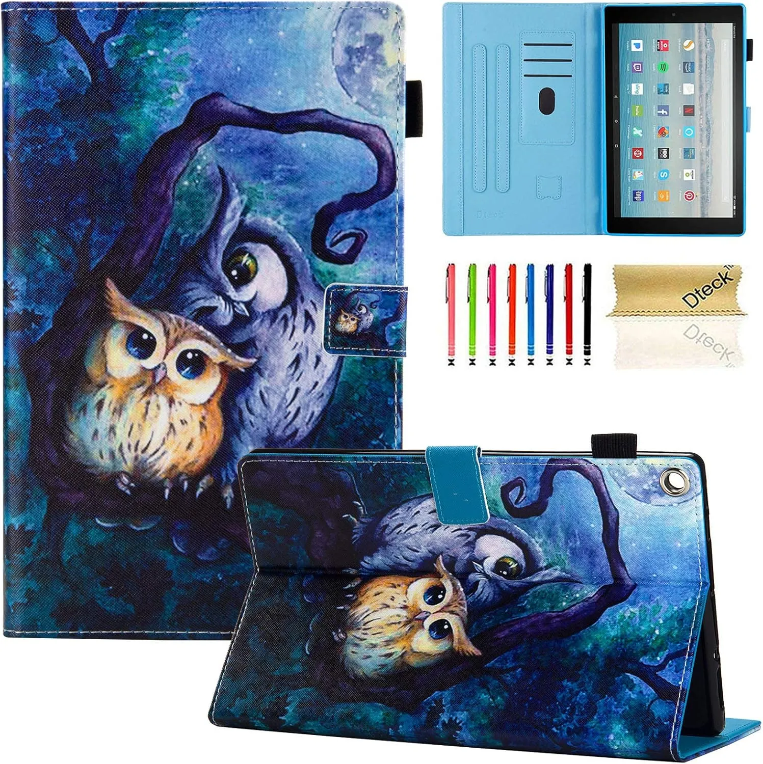 Dteck Case for All-New Fire HD 10 (9th/7th/5th Generation, 2019/2017/2015 Release) - Slim Faux Leather Folio Stand Smart Cover with Auto Wake/Sleep for Kindle HD 10.1 Inch Tablet, Cute Owls