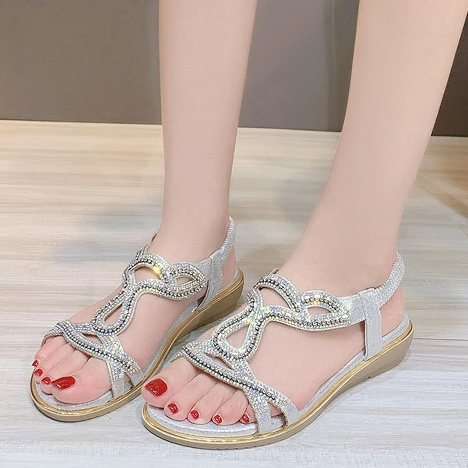 Eduavar Orthopedic Sandals for Women, Womens Sandals Dressy Bohemia Crystal Open Toe Low Wedge Sandals Breathable Sandals