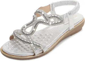 Eduavar Orthopedic Sandals for Women, Womens Sandals Dressy Bohemia Crystal Open Toe Low Wedge Sandals Breathable Sandals