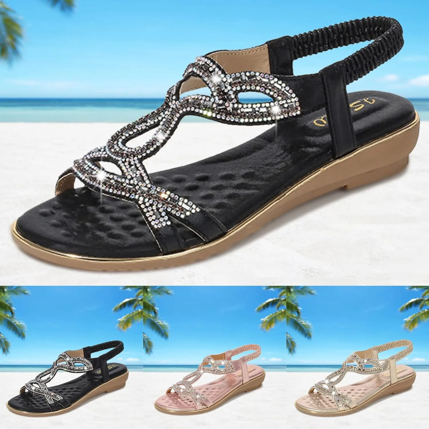 Eduavar Orthopedic Sandals for Women, Womens Sandals Dressy Bohemia Crystal Open Toe Low Wedge Sandals Breathable Sandals