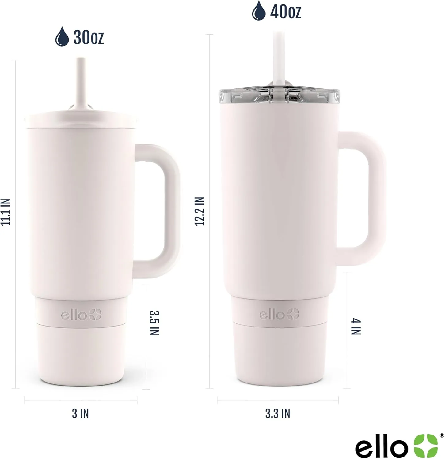 Ello Port 30oz Tumbler with Carry Loop & Integrated Handle | Vacuum Insulated Stainless Steel Reusable Water Bottle Travel Mug | Leak Proof Lid | Flexible Straw | BPA-Free | Dishwasher Safe | Cream