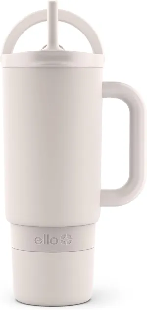 Ello Port 30oz Tumbler with Carry Loop & Integrated Handle | Vacuum Insulated Stainless Steel Reusable Water Bottle Travel Mug | Leak Proof Lid | Flexible Straw | BPA-Free | Dishwasher Safe | Cream