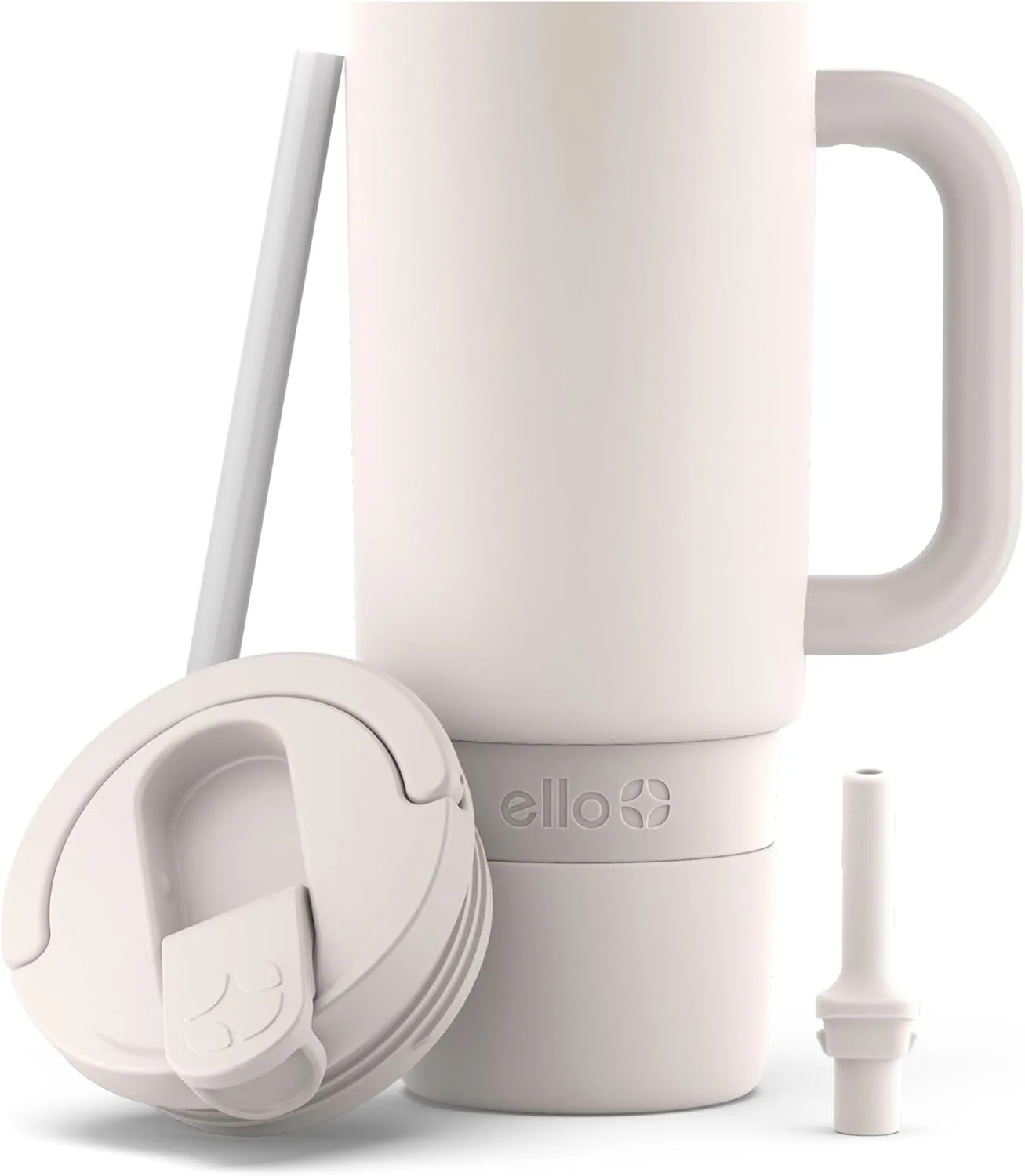 Ello Port 30oz Tumbler with Carry Loop & Integrated Handle | Vacuum Insulated Stainless Steel Reusable Water Bottle Travel Mug | Leak Proof Lid | Flexible Straw | BPA-Free | Dishwasher Safe | Cream