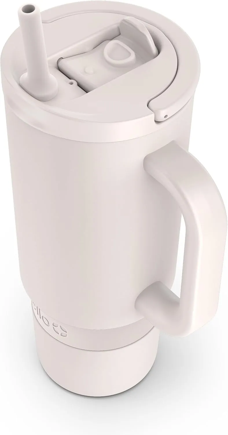 Ello Port 30oz Tumbler with Carry Loop & Integrated Handle | Vacuum Insulated Stainless Steel Reusable Water Bottle Travel Mug | Leak Proof Lid | Flexible Straw | BPA-Free | Dishwasher Safe | Cream
