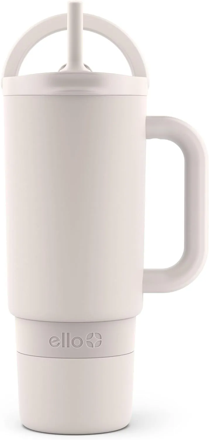 Ello Port 30oz Tumbler with Carry Loop & Integrated Handle | Vacuum Insulated Stainless Steel Reusable Water Bottle Travel Mug | Leak Proof Lid | Flexible Straw | BPA-Free | Dishwasher Safe | Cream