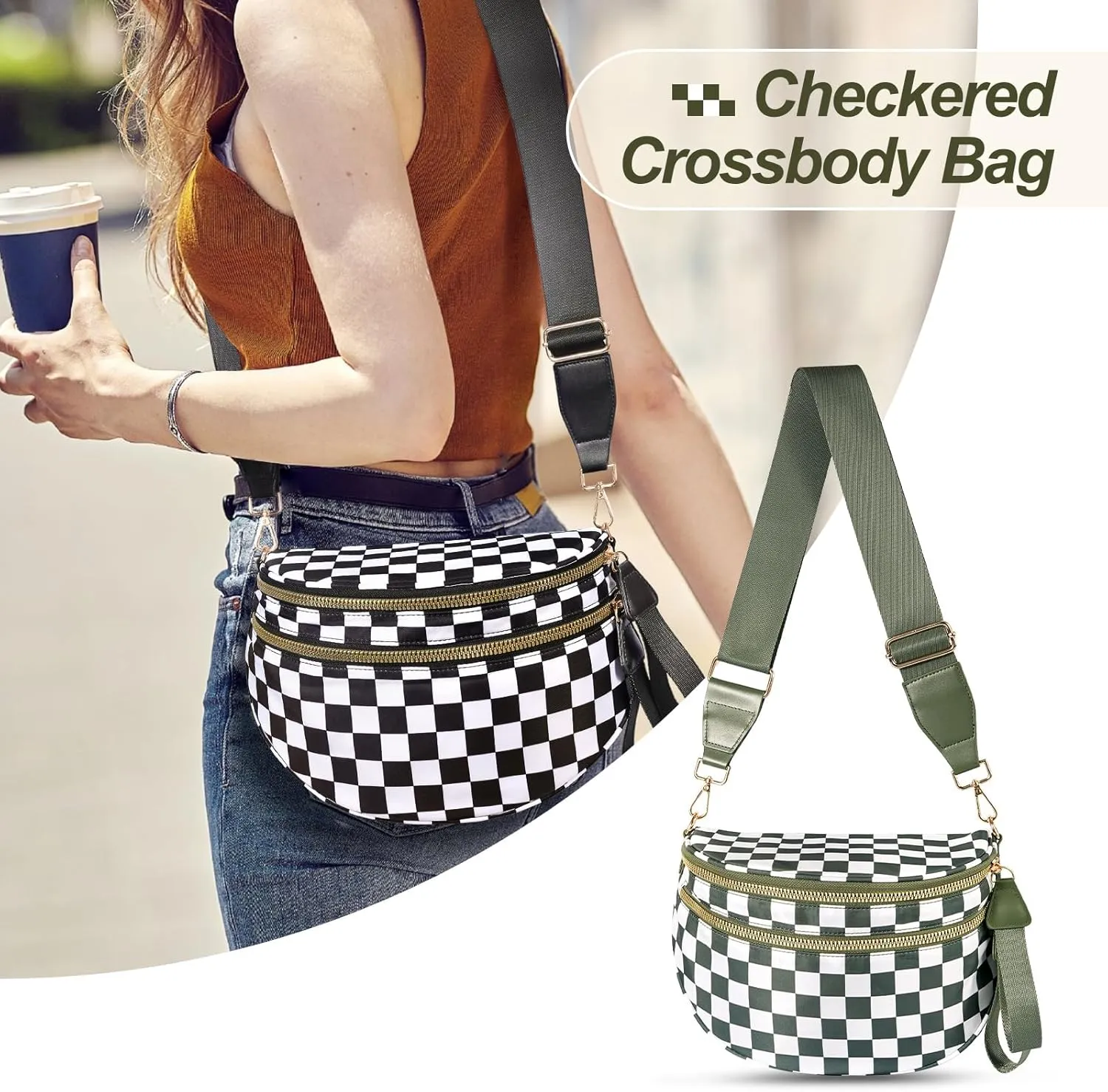 Emmafy Gofree the Roomiest Crossbody Bag, Checkered/Solid Adjust Waterproof Bum Bag for Women Travel and Everyday