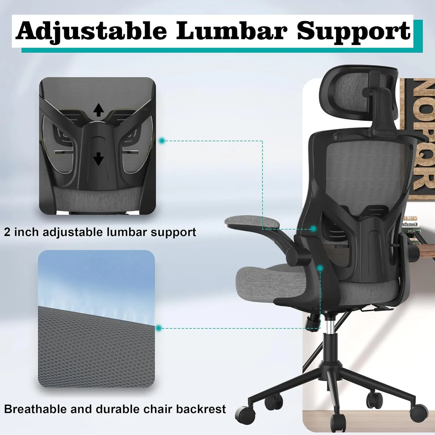 Ergonomic Office Chair, High Back Mesh Desk Chair with Molded Foam Cushion, Adjustable Headrest, Lumbar Support, Lock Function (Black Frame Grey)