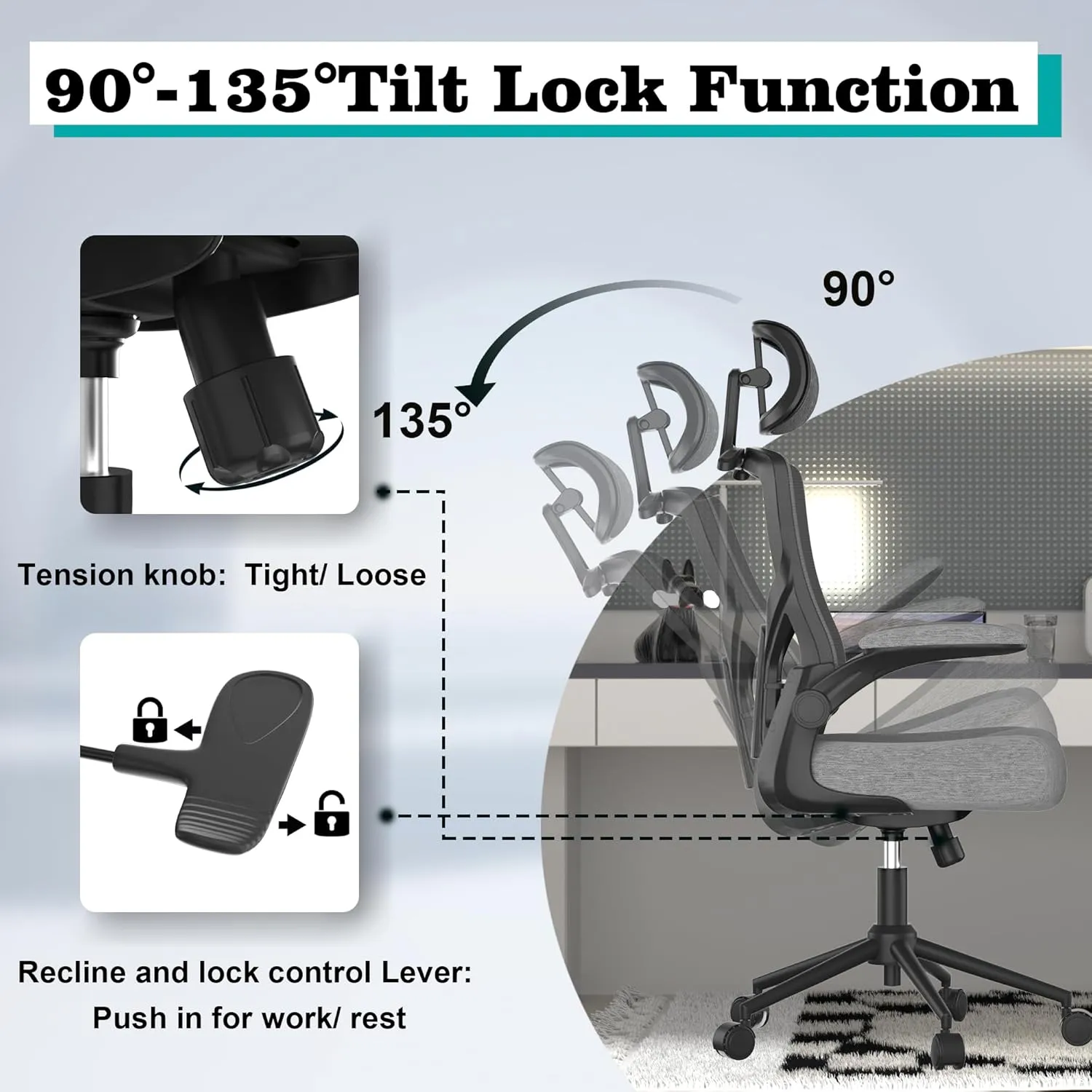 Ergonomic Office Chair, High Back Mesh Desk Chair with Molded Foam Cushion, Adjustable Headrest, Lumbar Support, Lock Function (Black Frame Grey)