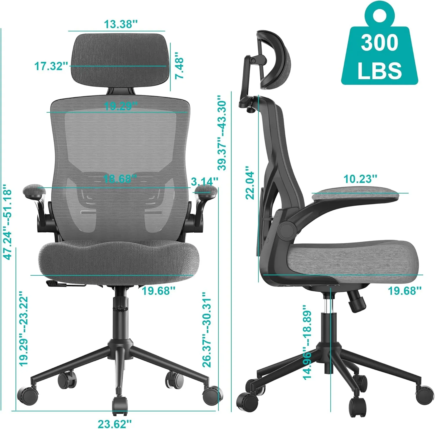 Ergonomic Office Chair, High Back Mesh Desk Chair with Molded Foam Cushion, Adjustable Headrest, Lumbar Support, Lock Function (Black Frame Grey)