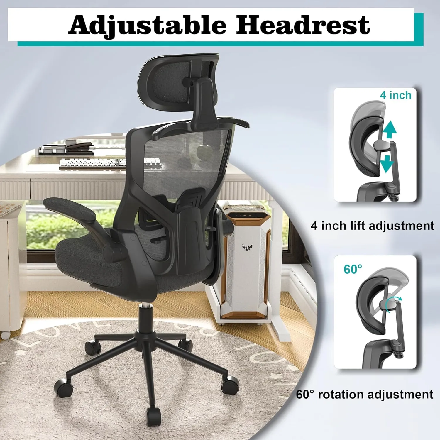 Ergonomic Office Chair, High Back Mesh Desk Chair with Molded Foam Cushion, Adjustable Headrest, Lumbar Support, Lock Function (Black Frame Grey)