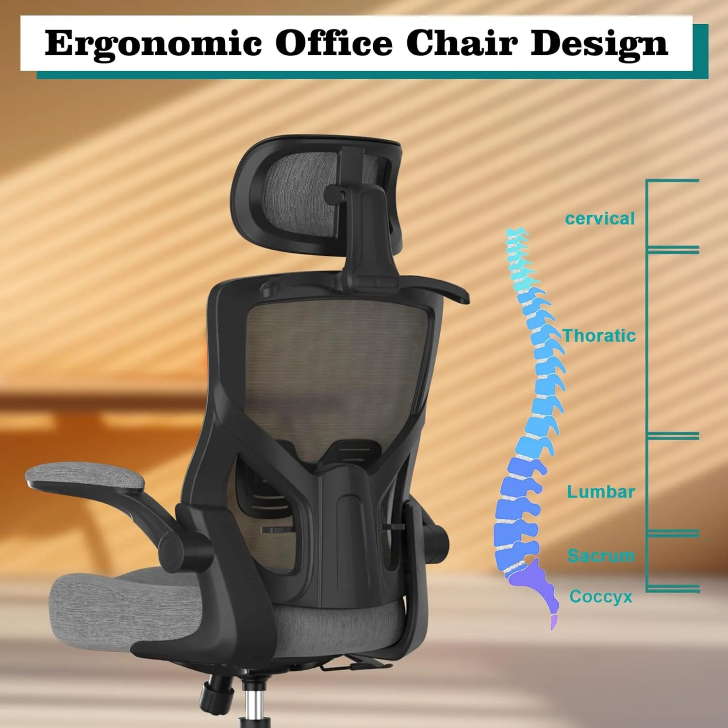 Ergonomic Office Chair, High Back Mesh Desk Chair with Molded Foam Cushion, Adjustable Headrest, Lumbar Support, Lock Function (Black Frame Grey)