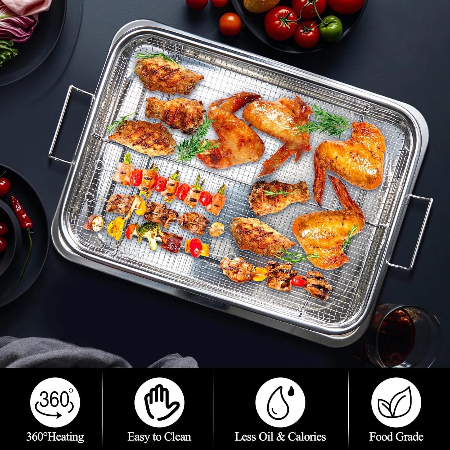 Eyourlife Oven Air Fryer Basket & Tray, 11.6"X15.5", Stainless Steel, Silver, Rectangular, Dishwasher Safe