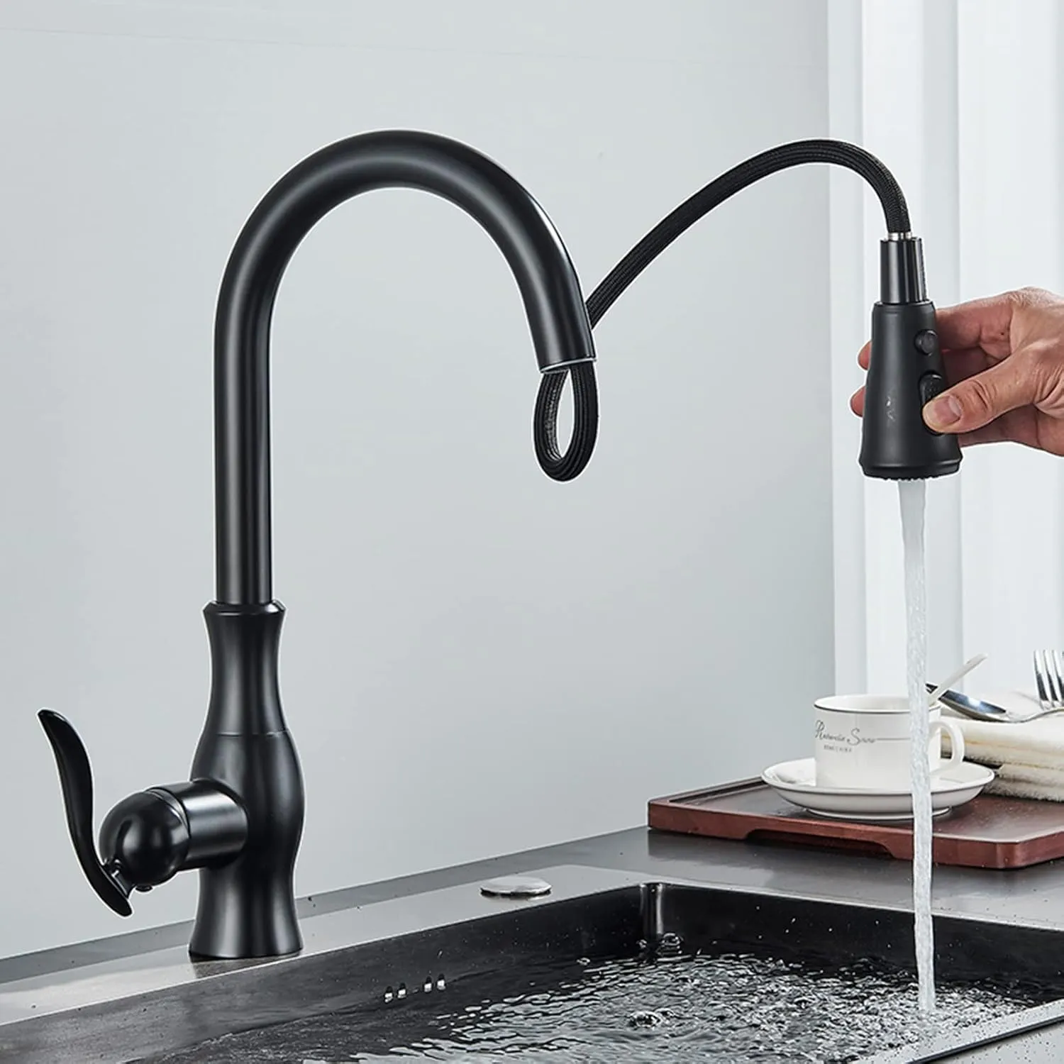 Faucet Pull Down Sprayer Brass Sink Faucet with 2-Spray Mode Single Handle High Arc Tap for Kitchen, RV, Bar,Matte Black