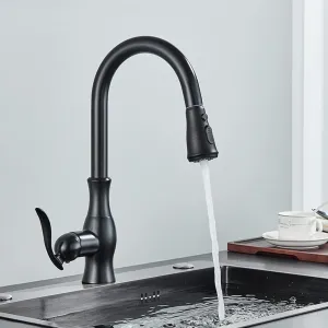 Faucet Pull Down Sprayer Brass Sink Faucet with 2-Spray Mode Single Handle High Arc Tap for Kitchen, RV, Bar,Matte Black