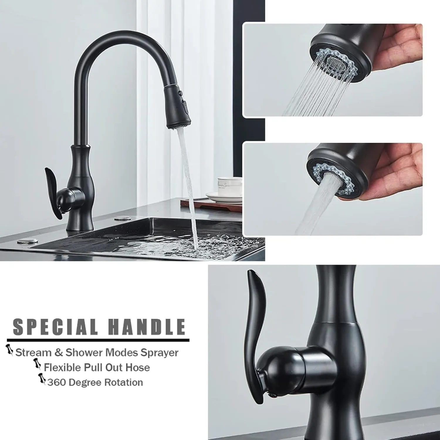 Faucet Pull Down Sprayer Brass Sink Faucet with 2-Spray Mode Single Handle High Arc Tap for Kitchen, RV, Bar,Matte Black